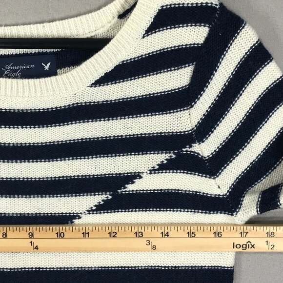 American Eagle Sweater Womens Medium Blue White Striped Pullover Knit Round Slit - Picture 10 of 12